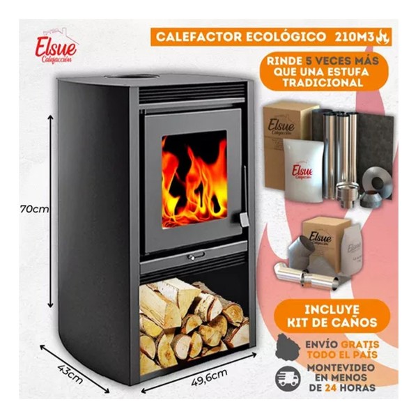 Estufa Calefactor Leña 78m2 Kit Codos + Kit Caños Acero Inox - Imagen 3