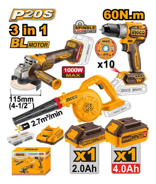 Kit Amoladora Taladro Sopladora Ingco 20v Sin Carbones - Imagen 2