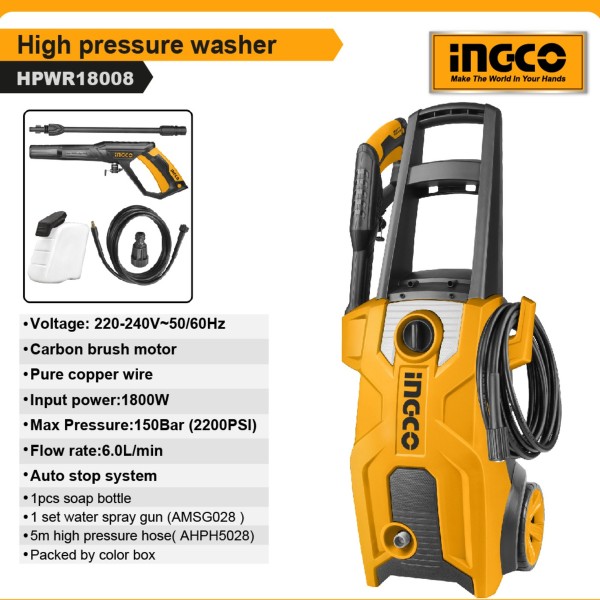 Hidrolavadora Ingco 150bar 1800w Profesional Hpwr18008 - Imagen 3