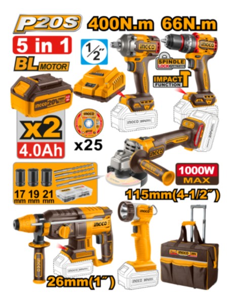 Kit Combo A Batería 20v Ingco Motor Brushless 5 Herramientas - Imagen 2