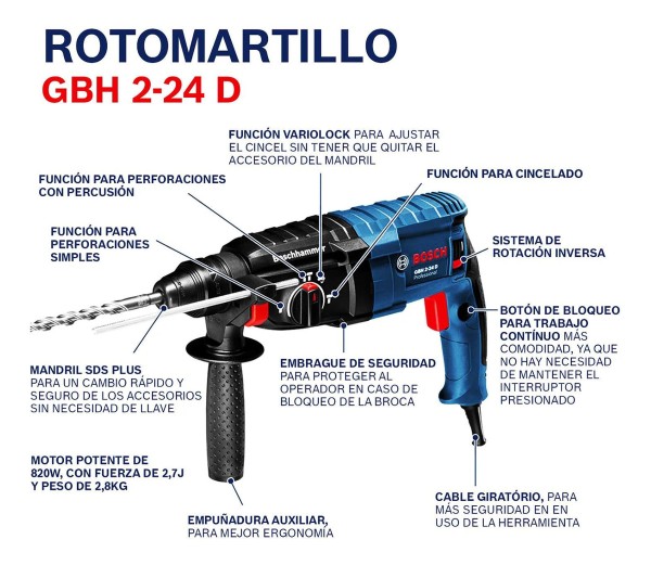 Rotomartillo Bosch Sds-plus 800w 2,7j Con Maletin Gbh 2-24 D - Imagen 4