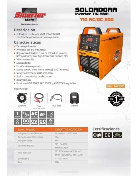 Soldadora Inverter Tig Aluminio / Inox Smarter Ac/dc 200a - Imagen 2