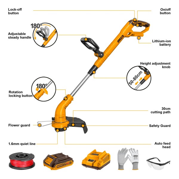 Bordeadora Bat 20v Extensible Ingco + Bateria Y Cargador - Imagen 4