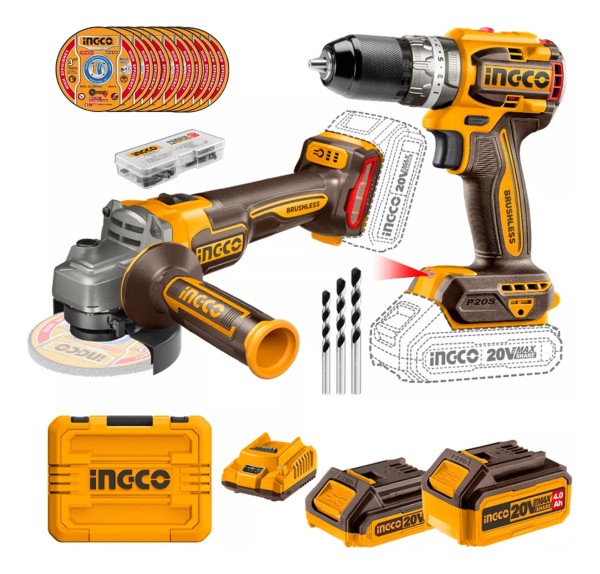 Kit Atornillador + Amoladora Sin Carbones Con Bateria Ingco