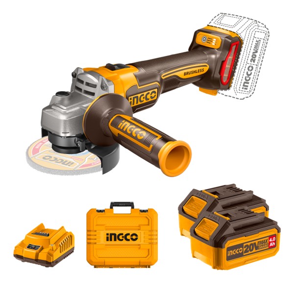 Amoladora 20v Ingco + 2 Baterías 4ah + Cargador Y 10 Discos Color Naranja Claro Frecuencia 50hz-60hz