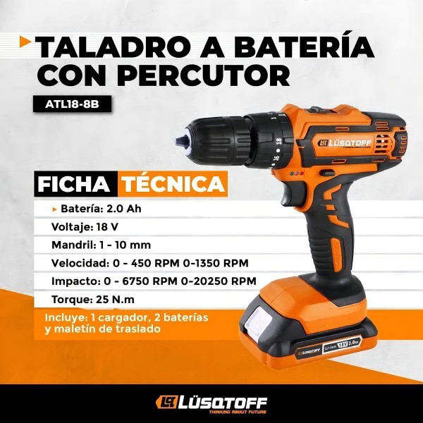 Taladro Percutor Atornillador 18v De 10mm Lüsqtoff C/bat - Imagen 5