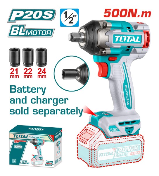 Llave Impacto Total 20v 1/2'' 500nm Sin Carbones Sin Batería - Imagen 2
