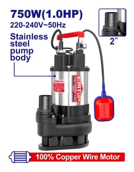 Bomba Sumergible 750w 1hp Pozo Negro Metalica Emtop - Imagen 2
