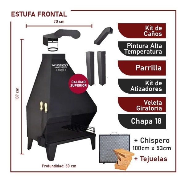 Estufa Frontal Leña Chapa 18 70x137 +caños Tejuelas Chispero - Imagen 2