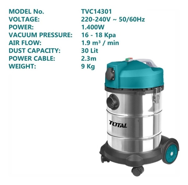 Aspiradora Industrial 1400w Total 30l Seco Humedo Acero Inox - Imagen 4